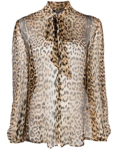 Roberto Cavalli Leopard-print Sheer Pussybow Blouse - Brown