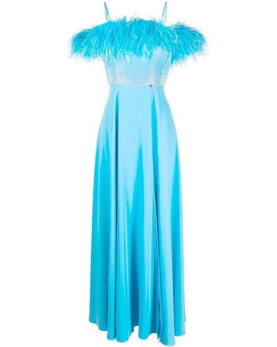 Nissa Robe longue bordée de plumes à design sans manches - Bleu