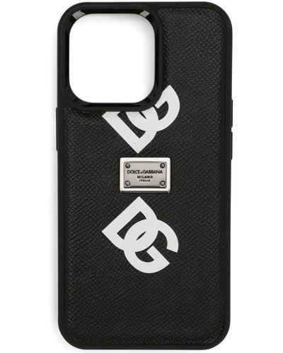 Dolce & Gabbana Coque pour iPhone 13 Pro en cuir de veau à imprimé DG all-over - Noir