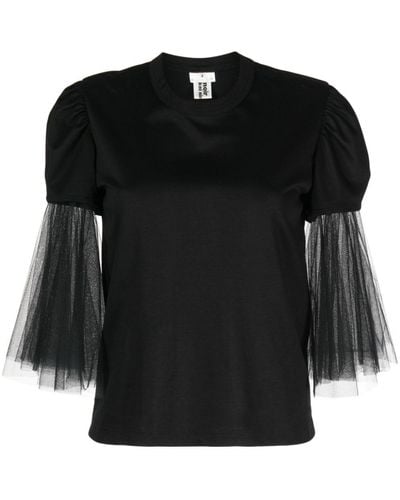 Noir Kei Ninomiya Tulle-sleeves Cotton T-shirt - Black