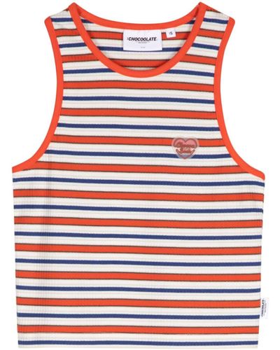Chocoolate Heart-patch Striped Crop Top - Red