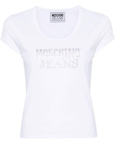 Moschino Jeans T-Shirt mit Strass-Logo - Weiß