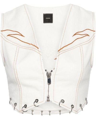 Pinko Dracula Cotton Vest With Contrast Embroideries And Rings - White