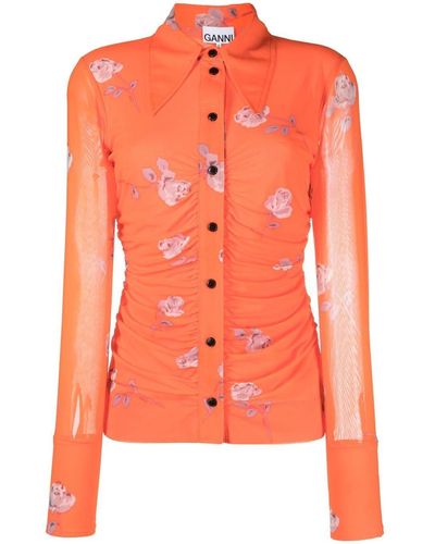 Ganni Floral-print Ruched Shirt - Orange