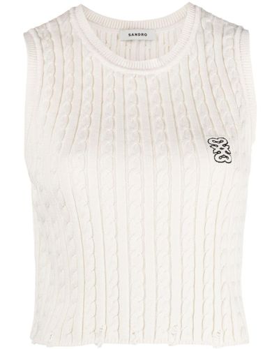 Sandro Logo-embroidered Cable-knit Vest Top - Natural