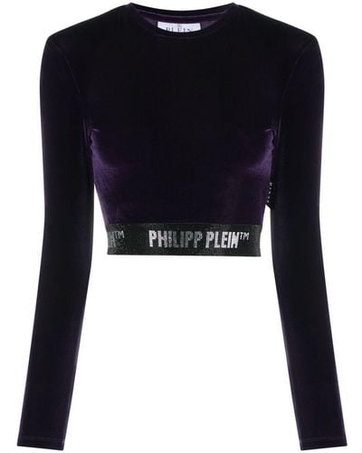 Philipp Plein Embellished Velvet Crop Top - Black
