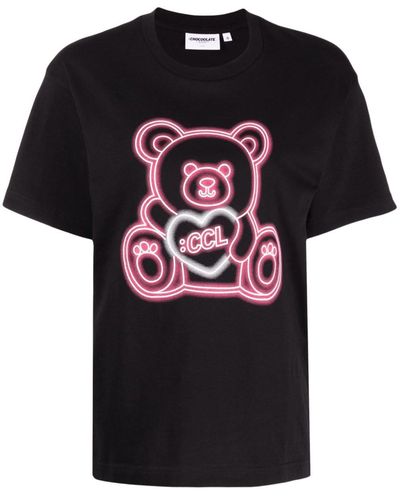 Chocoolate Teddy-bear Print Cotton T-shirt - Black