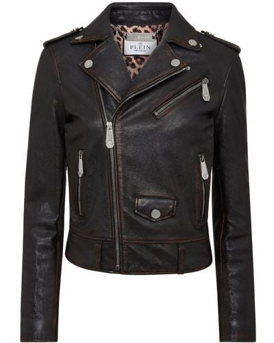 Philipp Plein Logo-patch Leather Biker Jacket - Black