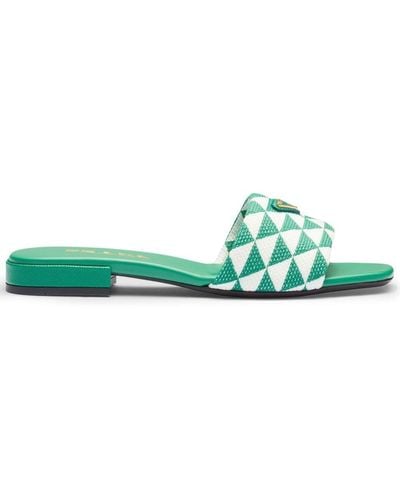 Prada Enamel-logo Slip-on Sandals - Green