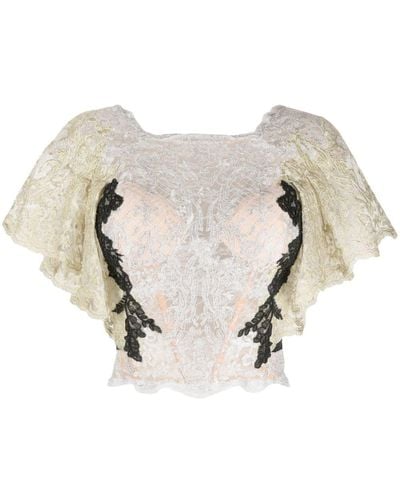 Gemy Maalouf Cropped Metallic Lace Top - White