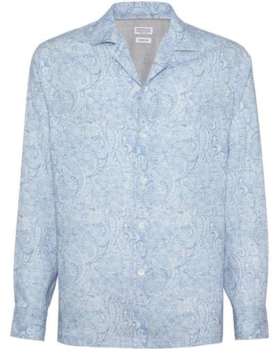 Brunello Cucinelli Leinenhemd mit Paisley-Print - Blau