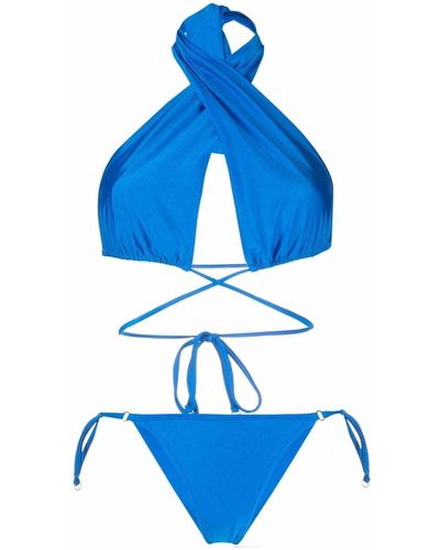 Noire Swimwear Shiny-finish Triangle-cup Bikini Set - Blue