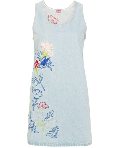 KENZO Drawn Flowers-embroidered Denim Dress - Blue