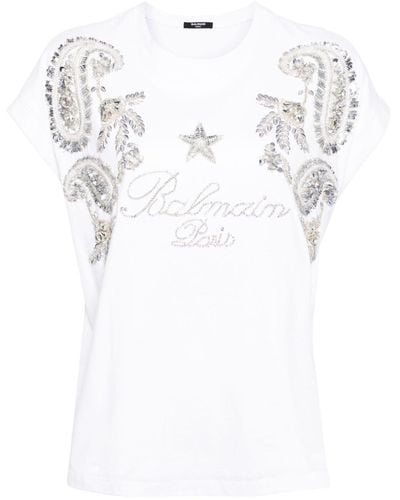 Balmain T-shirt en coton à ornements en cristal - Blanc