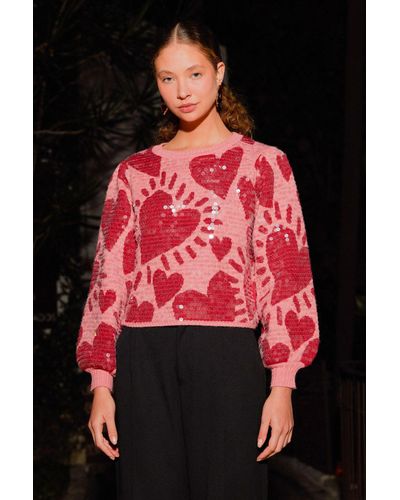 FARM Rio Pink Hearts Sequin Sweater - Red