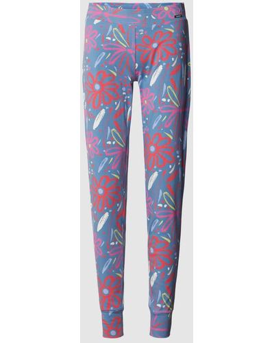 SKINY Slim Fit Pyjama-Hose mit floralem Allover-Print - Blau