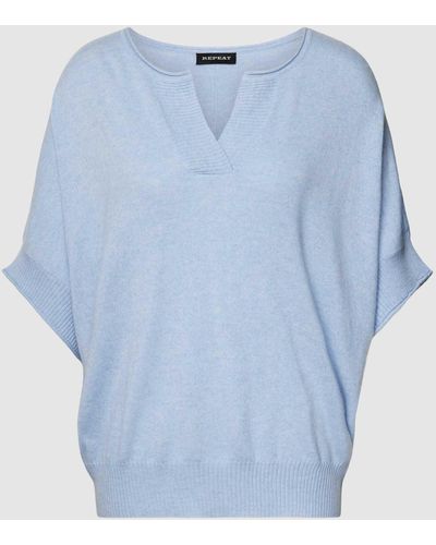 Repeat Cashmere Gebreid Shirt Met Serafinohals - Blauw