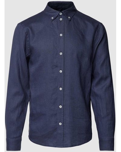 Mos Mosh Freizeithemd aus Leinen mit Button-Down-Kragen Modell 'Theo' - Blau
