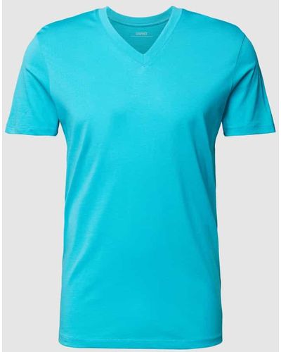 Esprit Slim Fit T-Shirt aus gewachster Baumwolle mit V-Ausschnitt - Blau