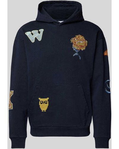 Knowledge Cotton Loose Fit Hoodie Met Motiefpatches - Blauw