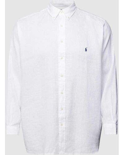 Ralph Lauren Plus Size Straight Fit Linnen Overhemd Met Labelstitching - Wit