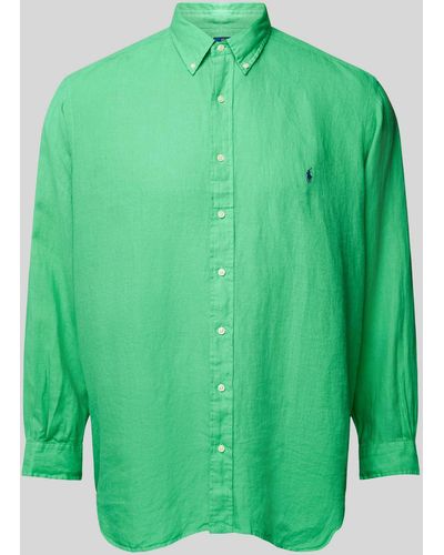 Ralph Lauren Plus Size Straight Fit Linnen Overhemd Met Labelstitching - Groen