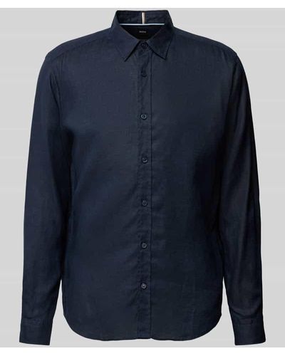 BOSS Regular Fit Leinenhemd mit Kentkragen Modell 'Liam' - Blau