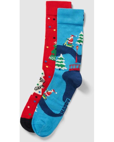 Happy Socks Socken mit Motiv-Print Modell 'Happy Holidays' im 2er-Pack - Blau