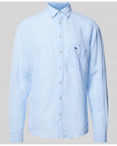Fynch-Hatton Regular Fit Leinenhemd mit Logo-Stitching - Blau