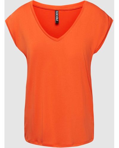 Pieces T-Shirt mit V-Ausschnitt und Ziernaht - Orange