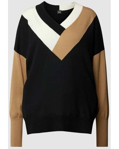 BOSS Pullover mit Color-Blocking-Design und V-Ausschnitt - Schwarz