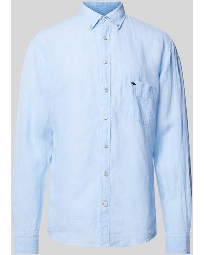 Fynch-Hatton Regular Fit Leinenhemd mit Logo-Stitching - Blau