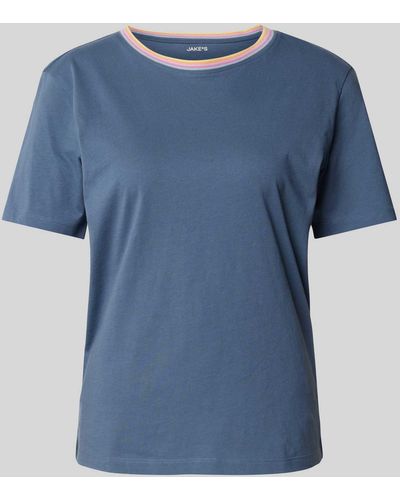 Jake*s T-shirt Met Contrasterende Ronde Hals - Blauw