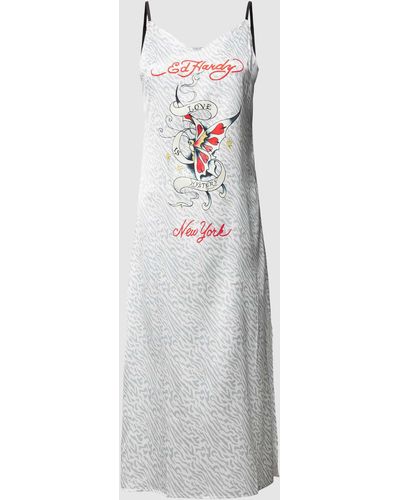 Ed Hardy Knielanges Kleid mit Allover-Muster Modell 'LOVE IS MYSTERY' - Weiß