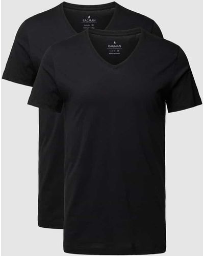 RAGMAN T-Shirt mit geripptem V-Ausschnitt - Schwarz