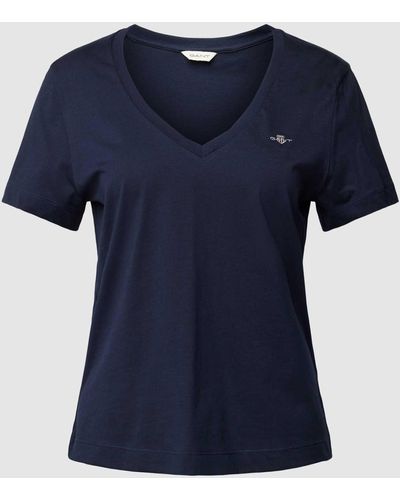 GANT T-shirt Met Geribde V-hals - Blauw