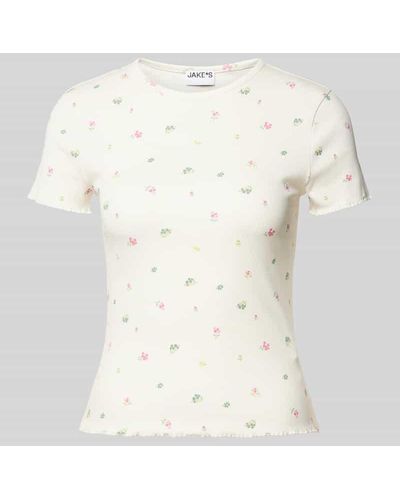 Jake*s T-Shirt in Ripp-Optik mit floralem Muster - Natur