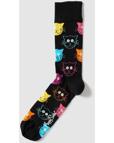 Happy Socks Socken mit Allover-Muster Modell 'Cat' - Schwarz