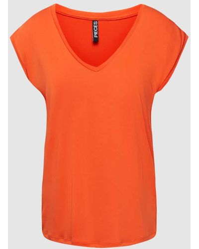 Pieces T-Shirt mit V-Ausschnitt und Ziernaht - Orange
