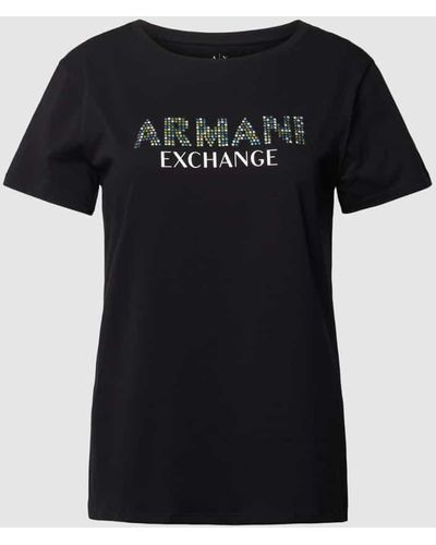 Armani Exchange T-Shirt mit Label-Ziersteinbesatz - Schwarz