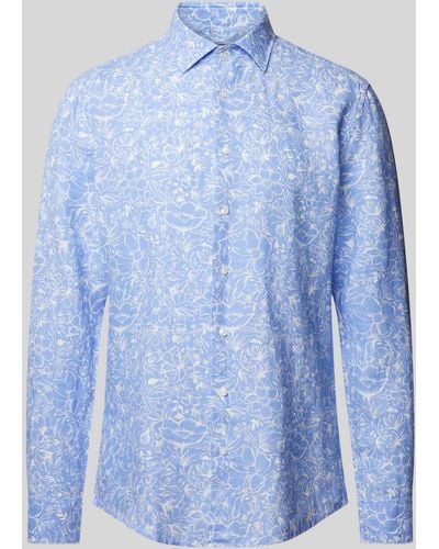 Seidensticker Slim Fit Business-Hemd aus Leinen mit Allover-Muster - Blau