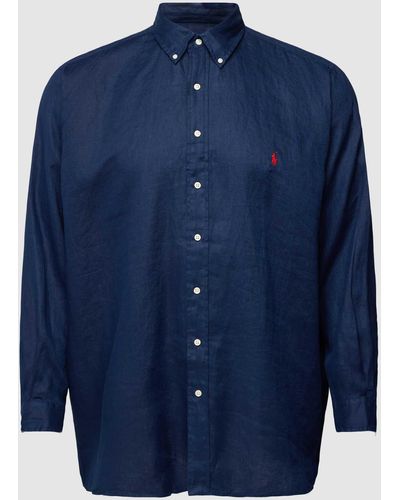 Ralph Lauren Plus Size Straight Fit Linnen Overhemd Met Labelstitching - Blauw