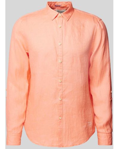Scotch & Soda Regular Fit Linnen Overhemd Met Labelstitching - Oranje