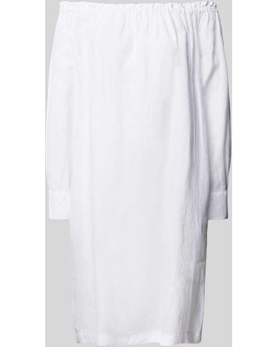 0039 Italy Knielanges Off-Shoulder-Leinenkleid mit Manschetten - Weiß