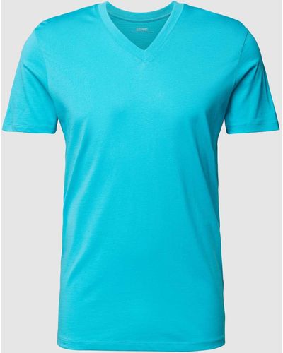 Esprit Slim Fit T-shirt Van Gewaxt Katoen Met V-hals - Blauw