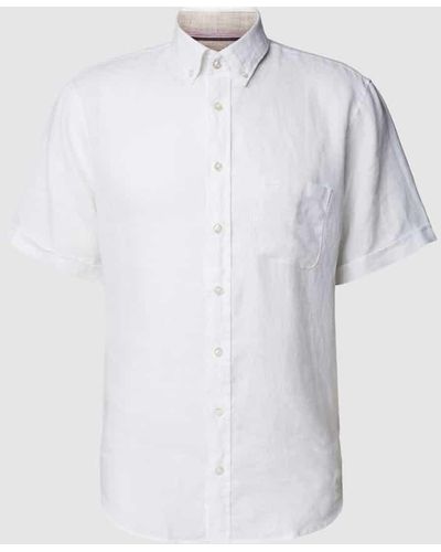 Brax Freizeithemd aus Leinen mit Logo-Stitching Modell 'Dan' - Weiß