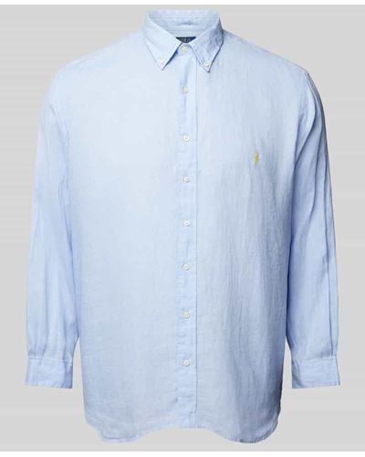 Ralph Lauren PLUS SIZE Straight Fit Leinenhemd mit Label-Stitching - Blau