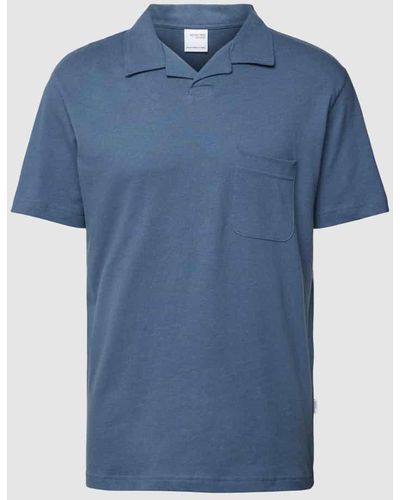 SELECTED Poloshirt aus Baumwoll-Leinen-Mix mit aufgesetzter Brusttasche - Blau