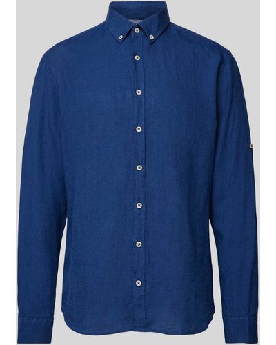 Brax Modern Fit Linnen Overhemd Met Button-downkraag - Blauw