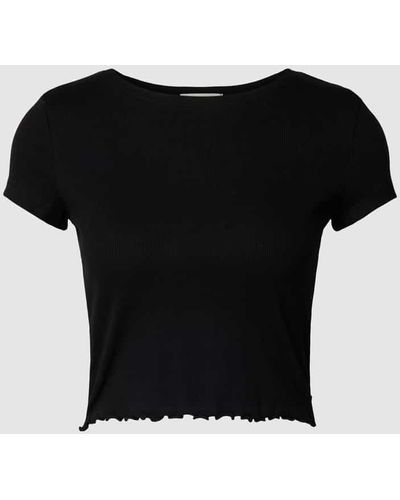 Tom Tailor Denim Cropped T-Shirt mit Muschelsaum - Schwarz